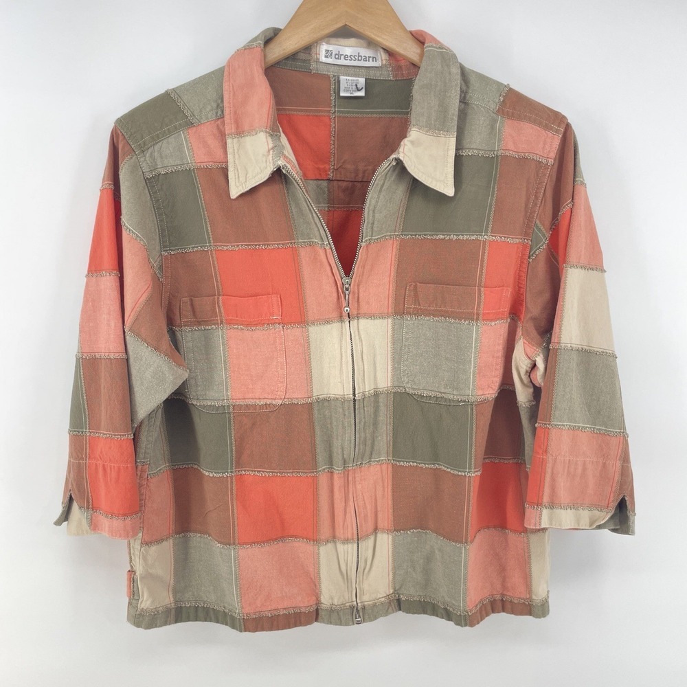 Vintage Dressbarn Jacket Fits L Patchwork Zip Short Sleeve Boho Plaid